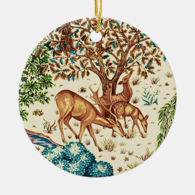 William Morris Deer by a Brook Tapestry Beige  Ceramic Ornament (Front)