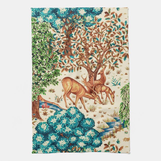 William Morris Deer by a Brook Tapestry Beige  Kitchen Towel (Vertical)