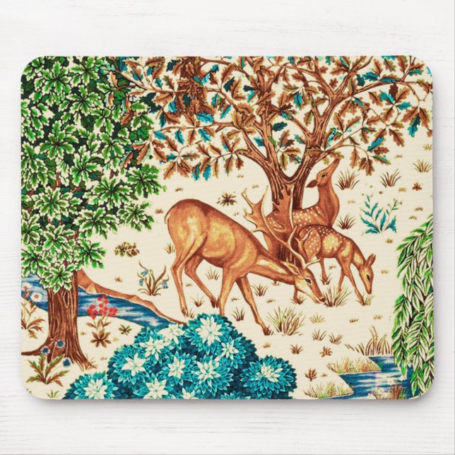 William Morris Deer by a Brook Tapestry Beige Mouse Pad (Front)