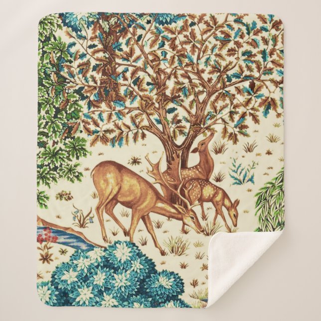 William Morris Deer by a Brook Tapestry Beige Sherpa Blanket (Front)