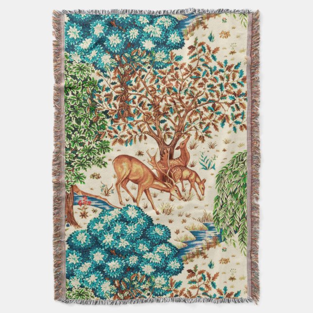 William Morris Deer by a Brook Tapestry Beige Throw Blanket (Front Vertical)