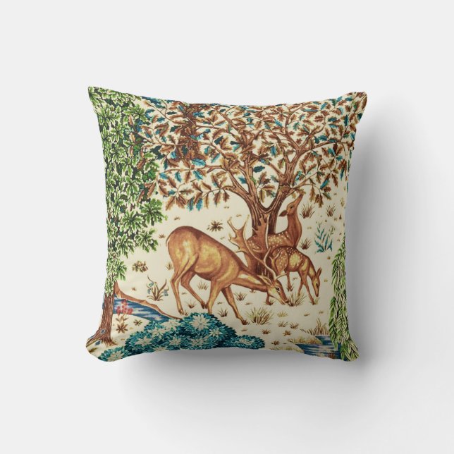 William Morris Deer by a Brook Tapestry Beige Throw Pillow (Front)