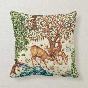 William Morris Deer by a Brook Tapestry Beige Throw Pillow
