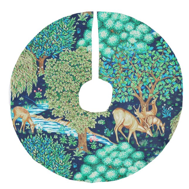 William Morris Deer by a Brook Tapestry Indigo Faux Linen Tree Skirt (Front)