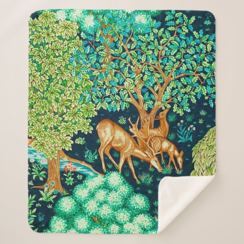 William Morris Deer by a Brook Tapestry Print Sherpa Blanket