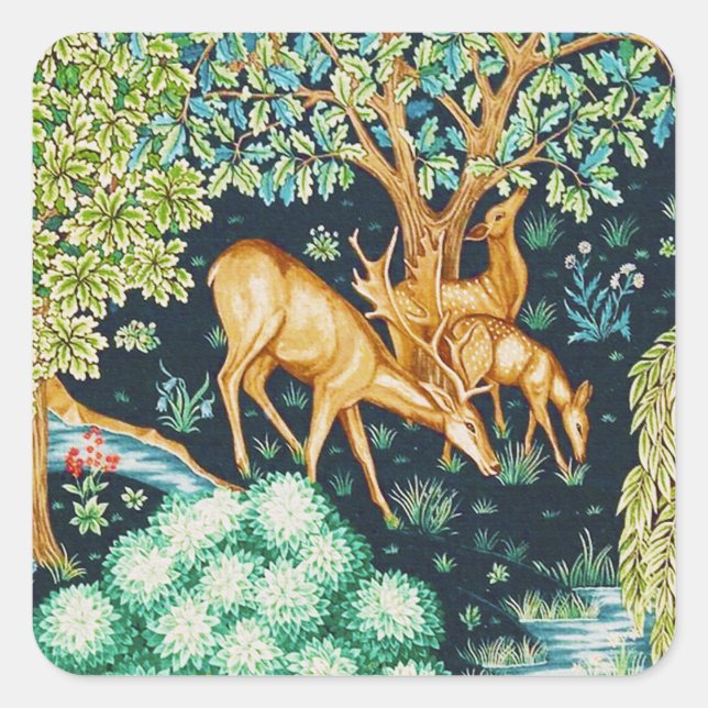 William Morris Deer by a Brook Tapestry Print Square Sticker (Front)