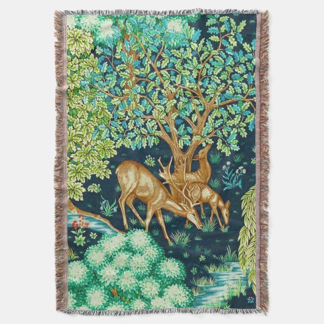 William Morris Deer by a Brook Tapestry Print Throw Blanket (Front Vertical)