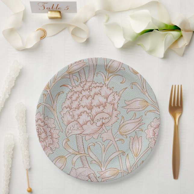 William Morris, Elegant Pink Wild Tulips Soft Blue Paper Plates (Wedding)