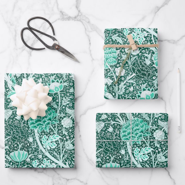 William Morris Emerald Green Floral Pattern Wrapping Paper Sheets (Front)