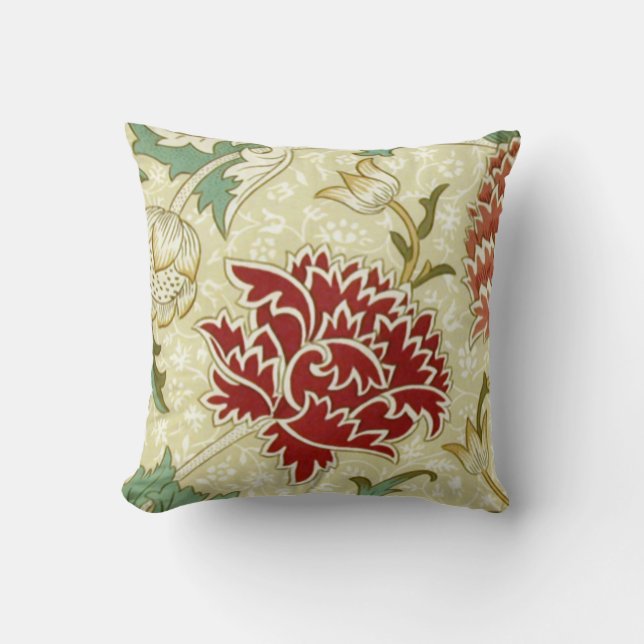 William Morris Fine Red Floral Wallpaper Throw Pillow (Front)