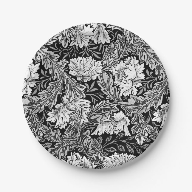 William Morris Floral, Black, White & Gray / Grey Paper Plates (Front)