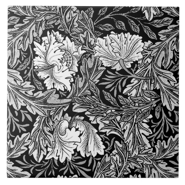 William Morris Floral, Black, White & Gray / Grey Tile (Front)