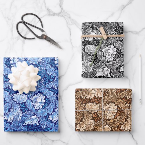 William Morris Floral Blue Brown Black  White Wrapping Paper Sheets