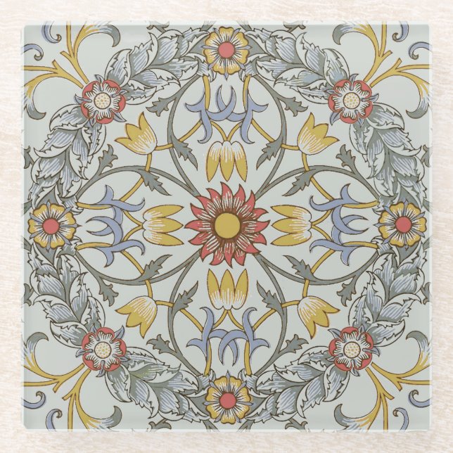 William Morris Floral Circle Flower Illustration Glass Coaster (Front)