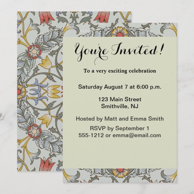 William Morris Floral Circle Flower Illustration Invitation (Front/Back)