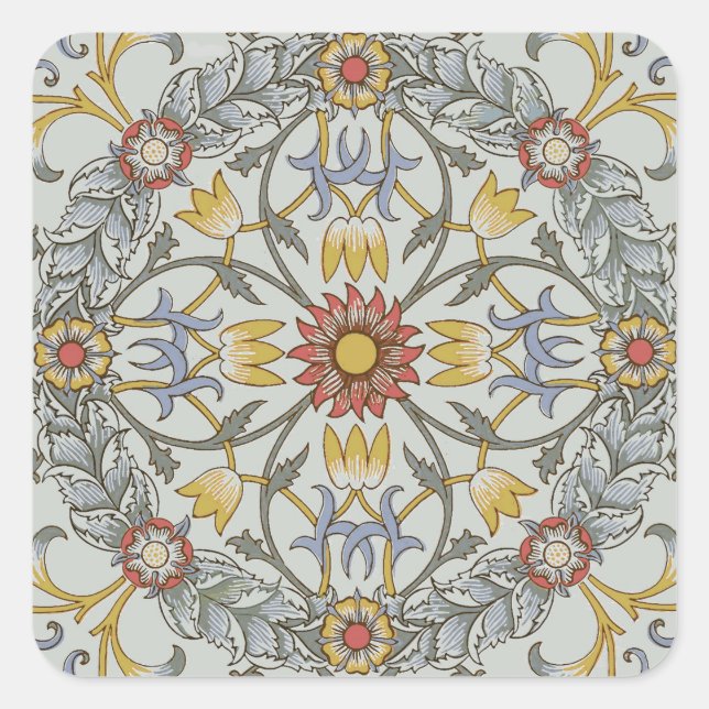 William Morris Floral Circle Flower Illustration Square Sticker (Front)