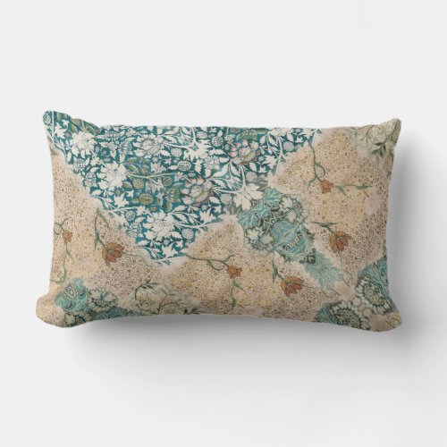 William Morris Floral Collage Greenery Teal Peach Lumbar Pillow