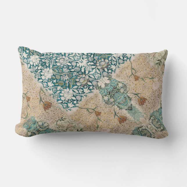 William Morris Floral Collage Greenery Teal Peach Lumbar Pillow (Front)