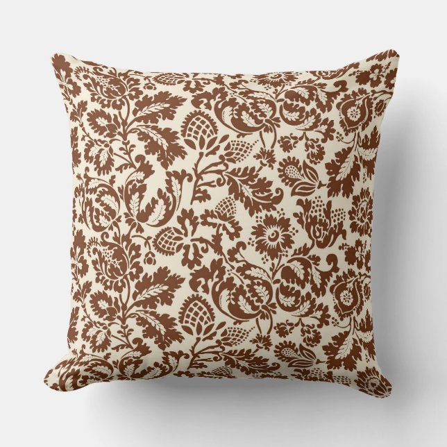 William Morris Floral Damask, Beige and Chocolate  Throw Pillow (Front)