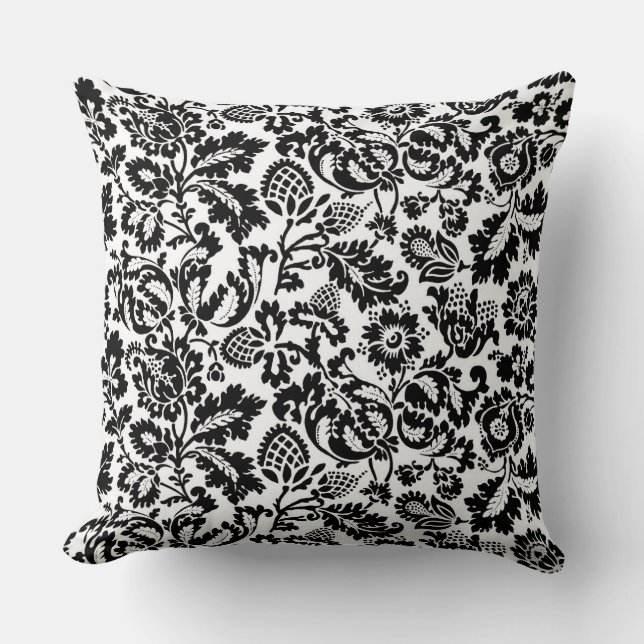 William Morris Floral Damask, Black on White Throw Pillow (Front)