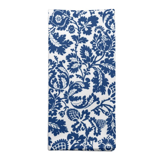 William Morris Floral Damask, Cobalt Blue on White Cloth Napkin (Folded)