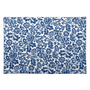 William Morris Floral Damask, Cobalt Blue on White Cloth Placemat