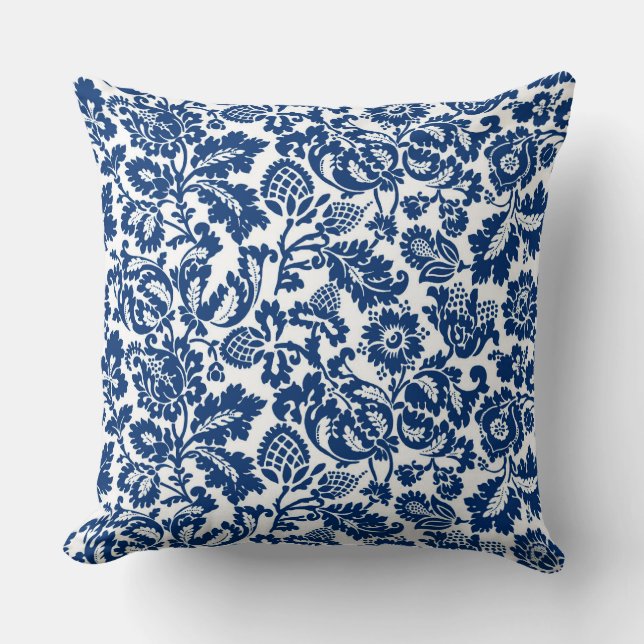 William Morris Floral Damask, Cobalt Blue on White Throw Pillow (Front)