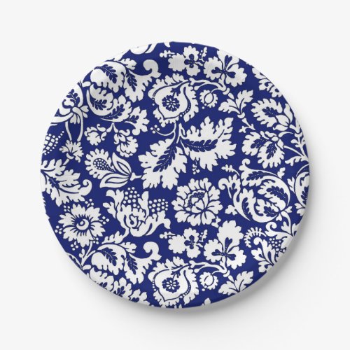 William Morris Floral Damask Cobalt Blue  White Paper Plates