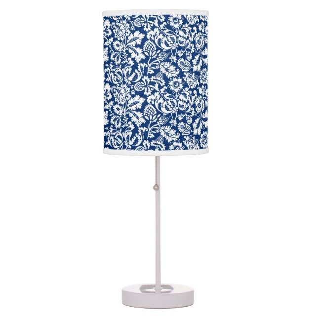 William Morris Floral Damask, Cobalt Blue & White Table Lamp (Front)