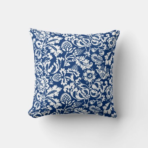 William Morris Floral Damask Cobalt Blue  White Throw Pillow