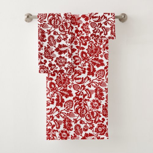 William Morris Floral Damask Deep Red and White  Bath Towel Set