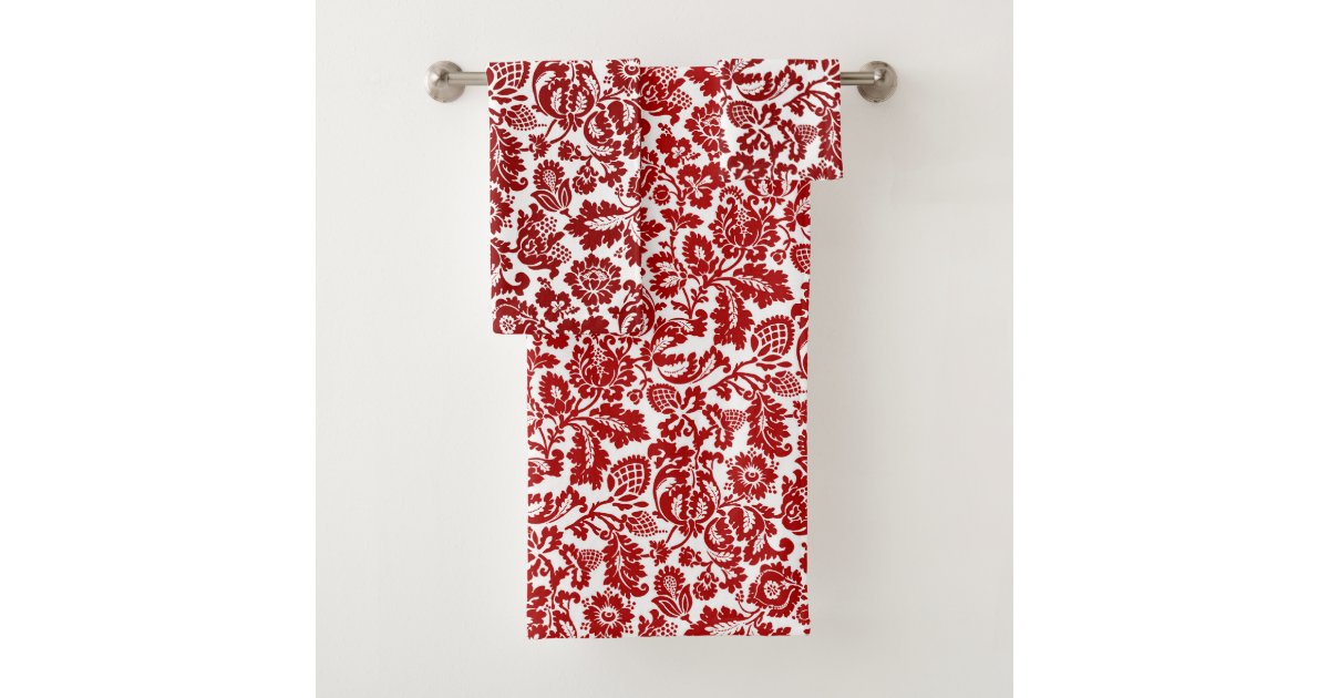 William Morris Floral Damask, Deep Red and White Bath Towel Set | Zazzle