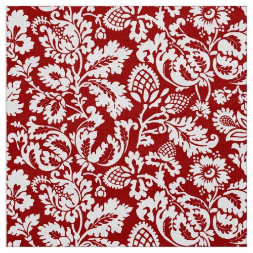 William Morris Floral Damask Deep Red and White Fabric
