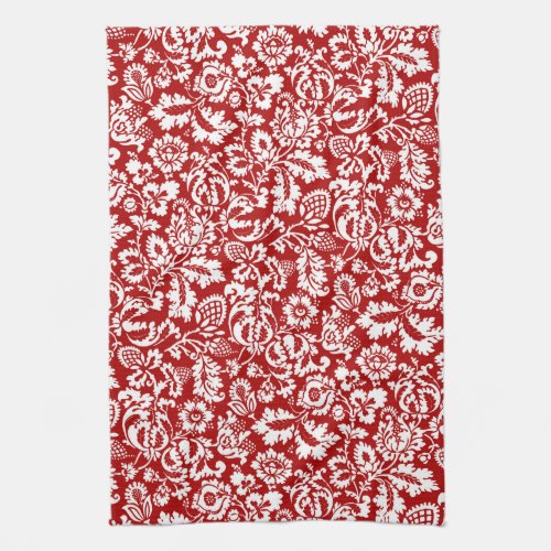 William Morris Floral Damask Deep Red and White  Kitchen Towel