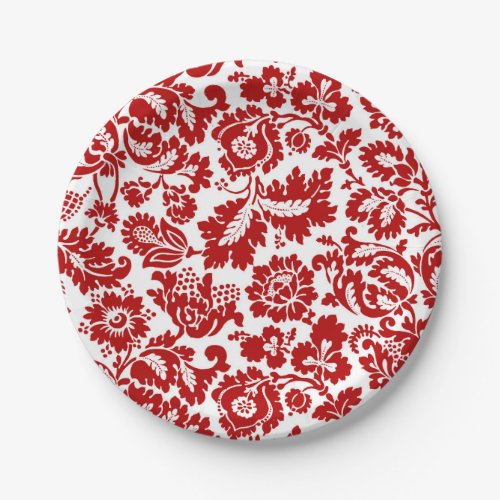 William Morris Floral Damask Deep Red and White Paper Plates