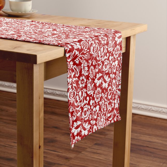William Morris Floral Damask, Deep Red and White  Short Table Runner (In Situ)