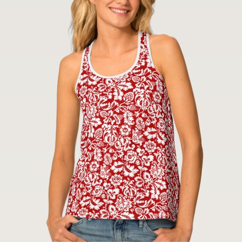 William Morris Floral Damask Deep Red and White Tank Top
