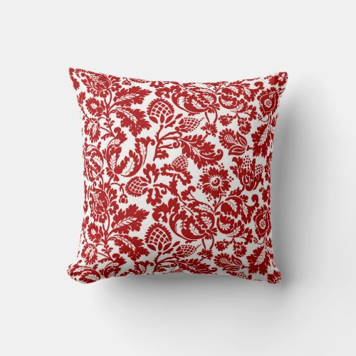 William Morris Floral Damask Deep Red and White Throw Pillow