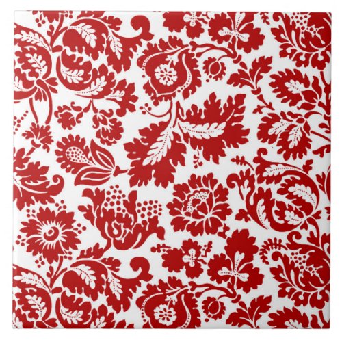 William Morris Floral Damask Deep Red and White Tile