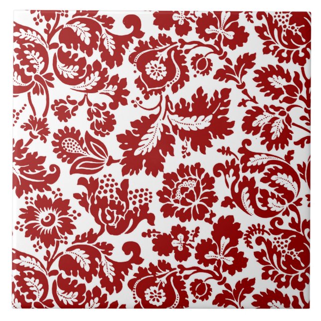 William Morris Floral Damask, Deep Red and White Tile (Front)