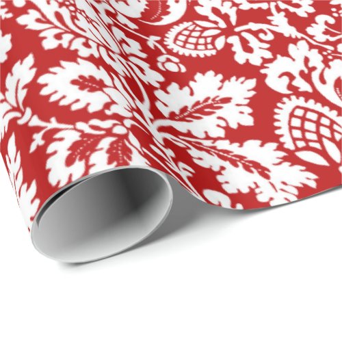 William Morris Floral Damask Deep Red and White Wrapping Paper