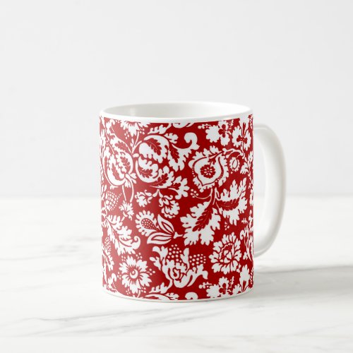 William Morris Floral Damask Deep Red on White Coffee Mug
