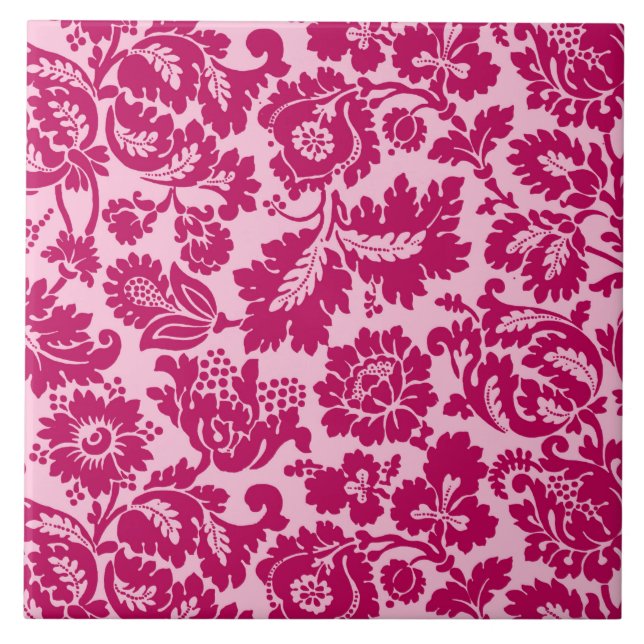 William Morris Floral Damask, Fuchsia and Pink  Ceramic Tile (Front)