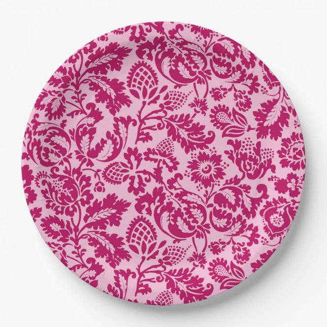 William Morris Floral Damask, Fuchsia and Pink  Paper Plates (Front)