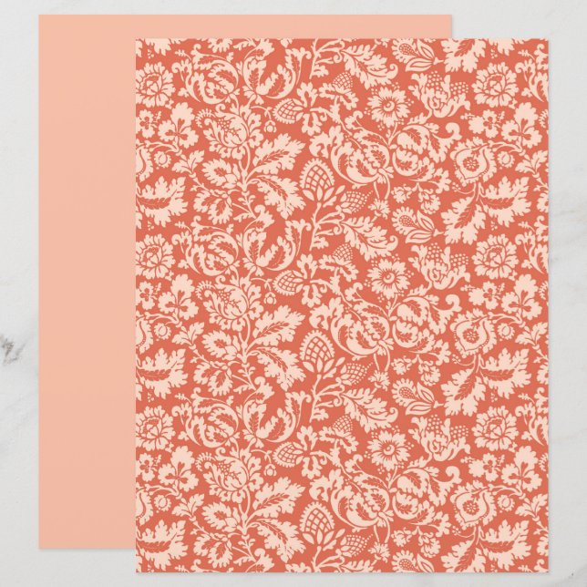 William Morris Floral Damask, Peach and Coral  (Front/Back)