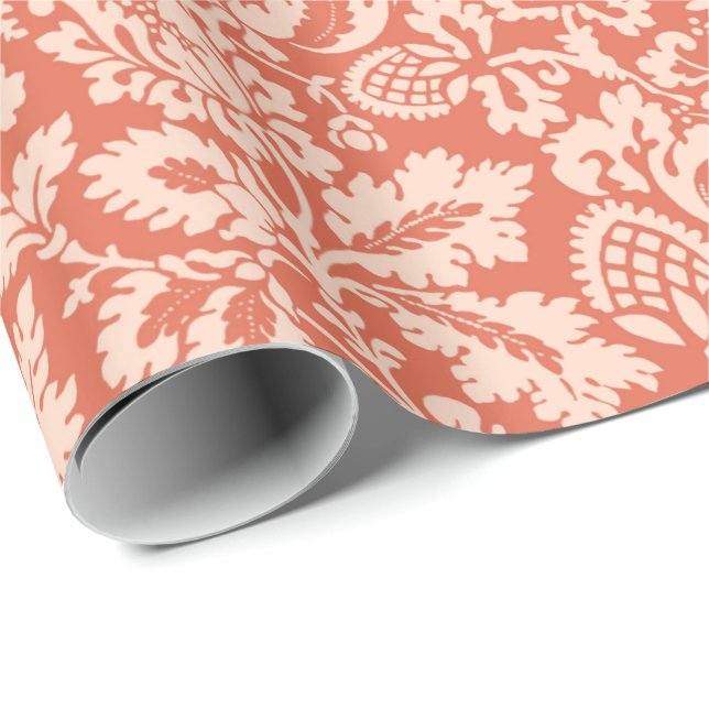 William Morris Floral Damask, Peach and Coral Wrapping Paper (Roll Corner)