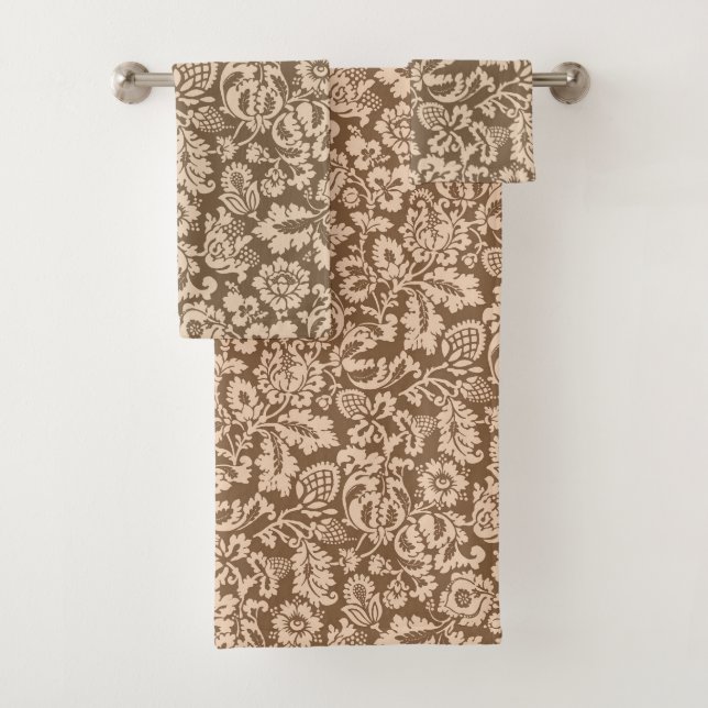 William Morris Floral Damask, Taupe Tan and Beige Bath Towel Set (Insitu)