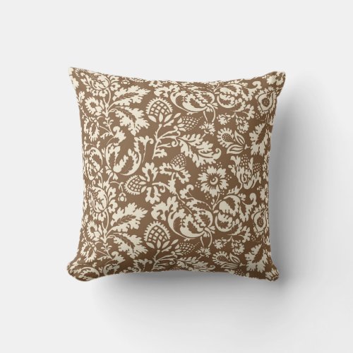 William Morris Floral Damask Taupe Tan and Beige Throw Pillow