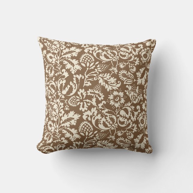 William Morris Floral Damask, Taupe Tan and Beige Throw Pillow (Front)