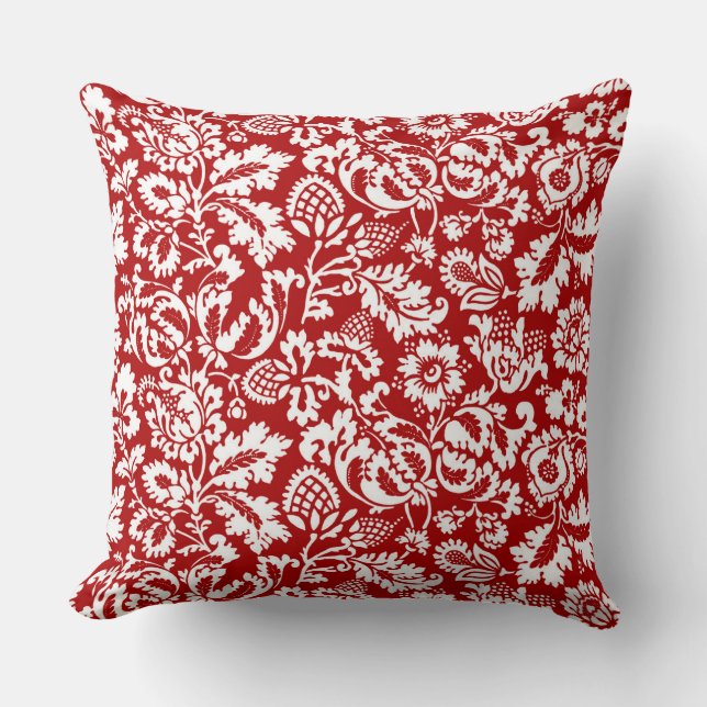 William Morris Floral Damask, White and Deep Red Throw Pillow (Front)